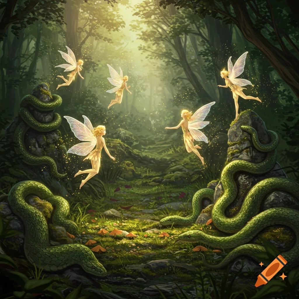 Five glowing fairies fly and dance in an enchanted forest with large green snakes coiled around mossy rocks under dappled sunlight.