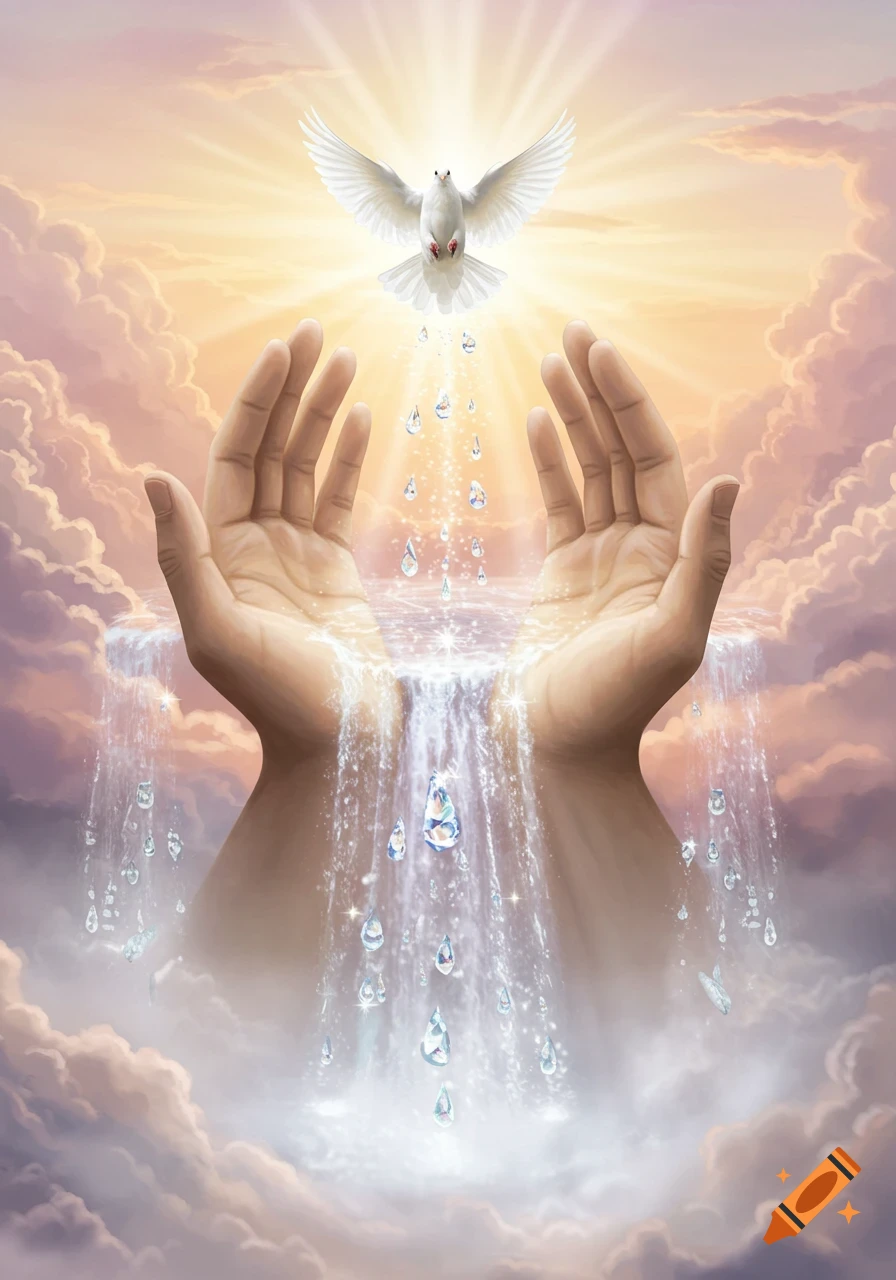 Two hands cupped together forming a waterfall from which water descends, with a white dove soaring above emanating bright light in a cloudy, golden sky.
