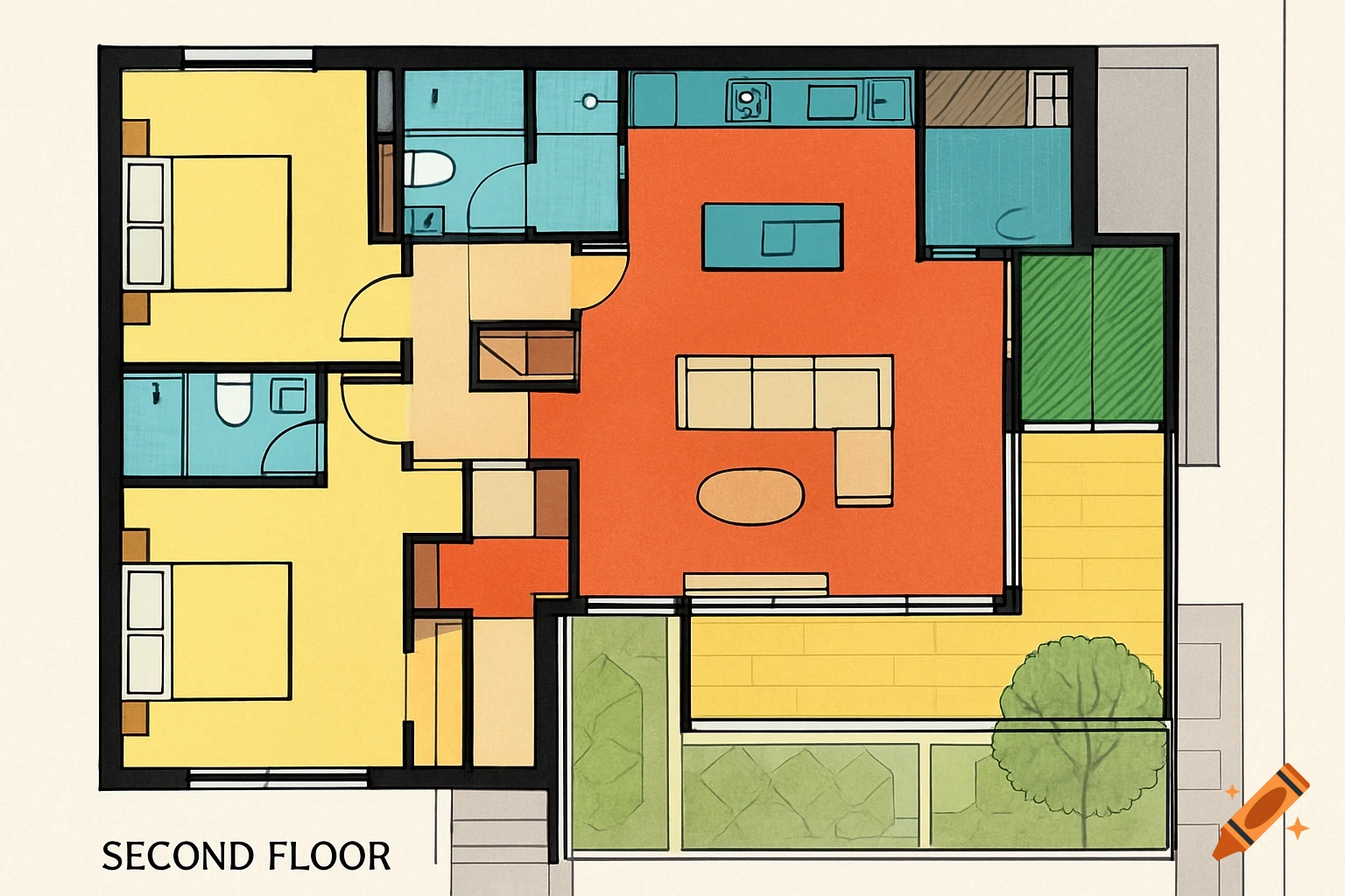 Colorful architectural floor plan of a second floor with two bedrooms, two bathrooms, kitchen, living area, and a terrace with a tree.