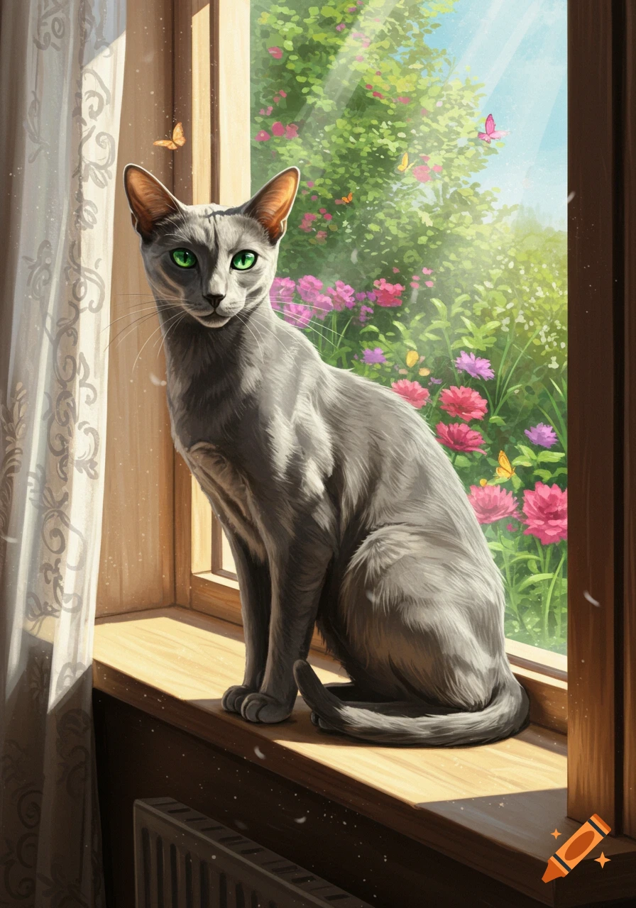 A grey cat with bright green eyes sits on a sunlit window sill, looking out at a vibrant garden with colorful flowers and butterflies.