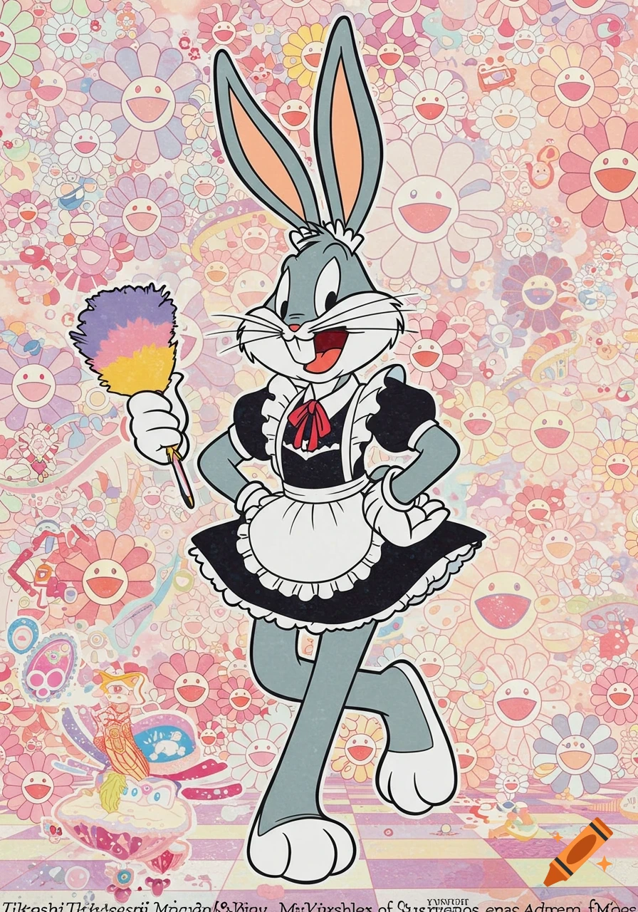 Bugs Bunny in a black and white maid outfit holding a feather duster, against a colorful pink background of smiling flowers in Takashi Murakami art style.