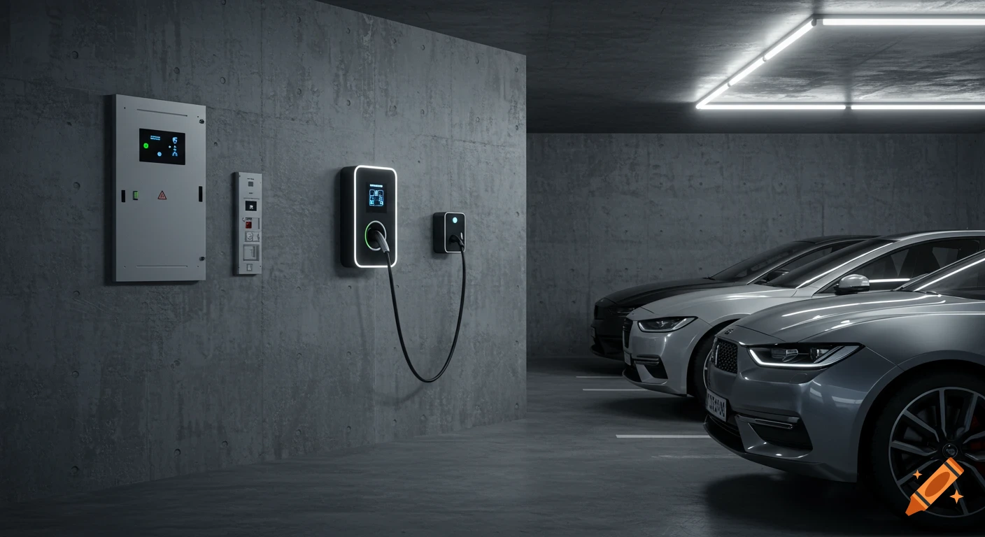 Photorealistic image of two electric cars parked in a modern concrete garage, connected to wall-mounted EV charging stations with glowing displays.