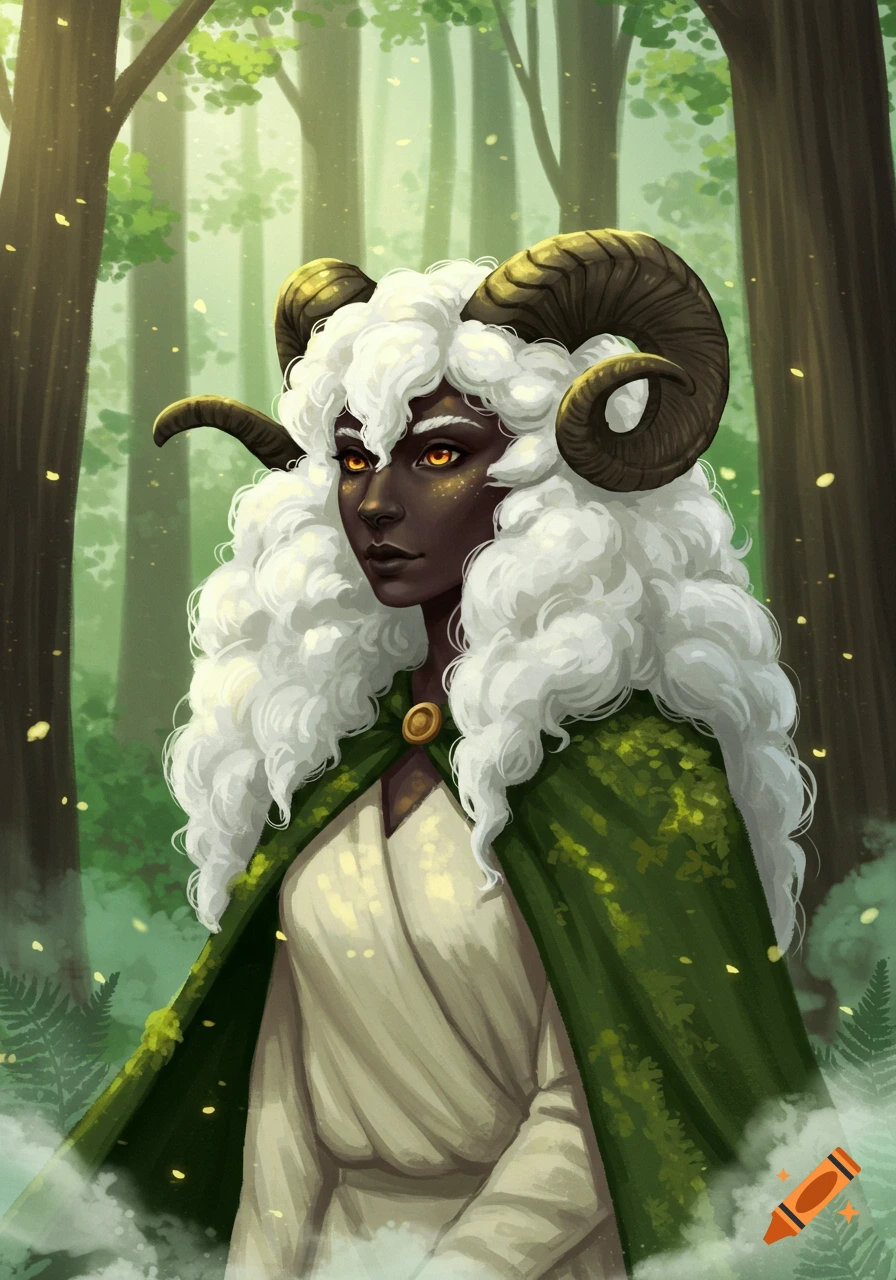 Digital painting of a dark-skinned woman with ram horns, voluminous white wool hair, and a green cloak standing in a sunlit forest.