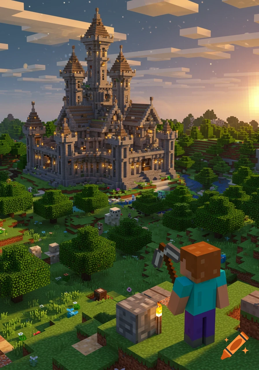 A blocky Minecraft world at sunset, featuring a grand stone castle with multiple towers and a lone player character with a pickaxe in the foreground.