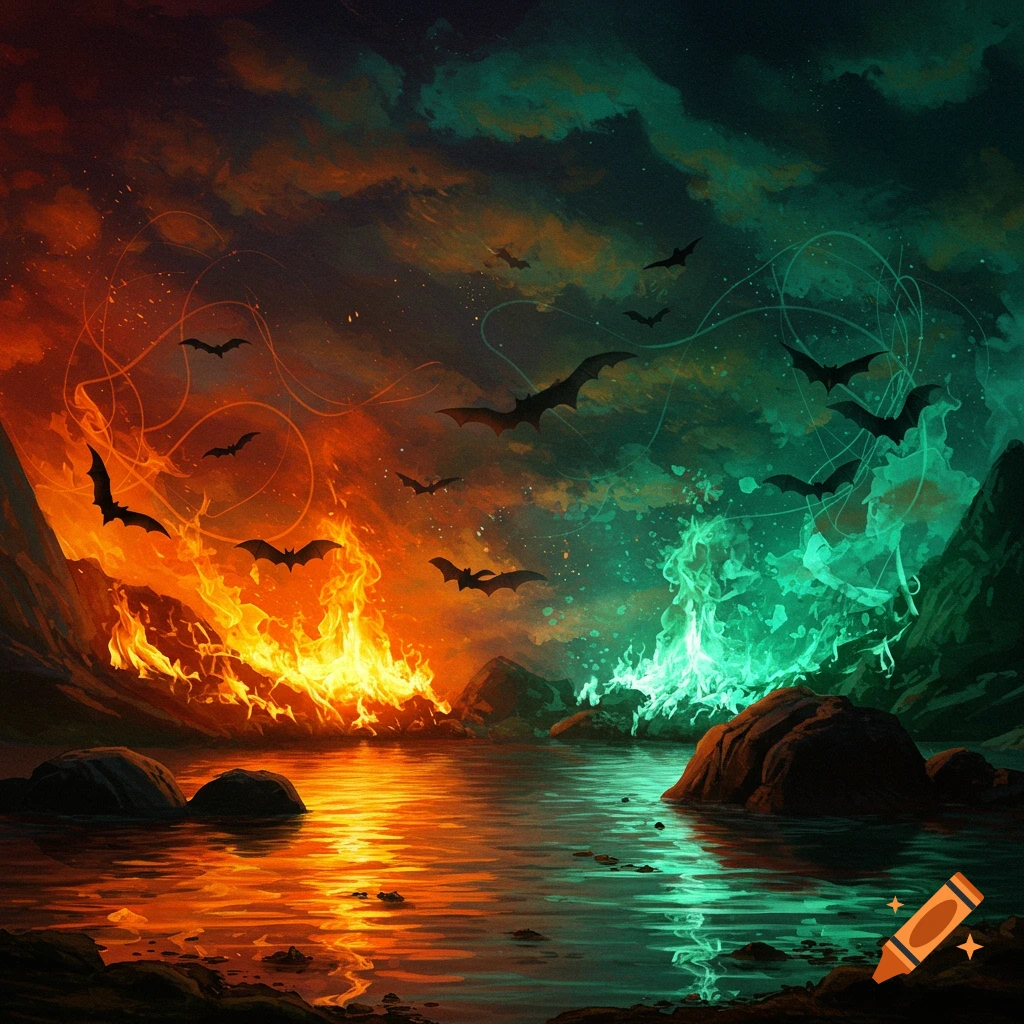 A dark fantasy landscape with a body of water reflecting orange flames on the left and green energy on the right, with bats flying above.