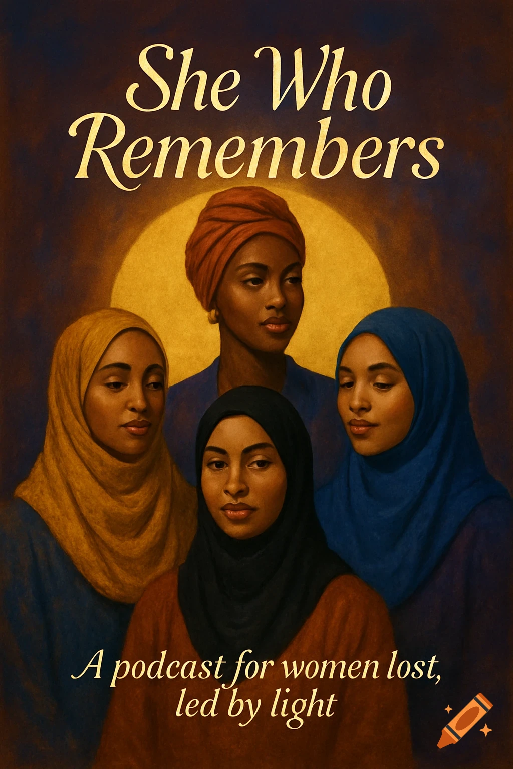 Painted illustration of four diverse women in hijabs and turbans, with a golden halo behind them. Text reads 'She Who Remembers' and 'A podcast for women lost, led by light'.