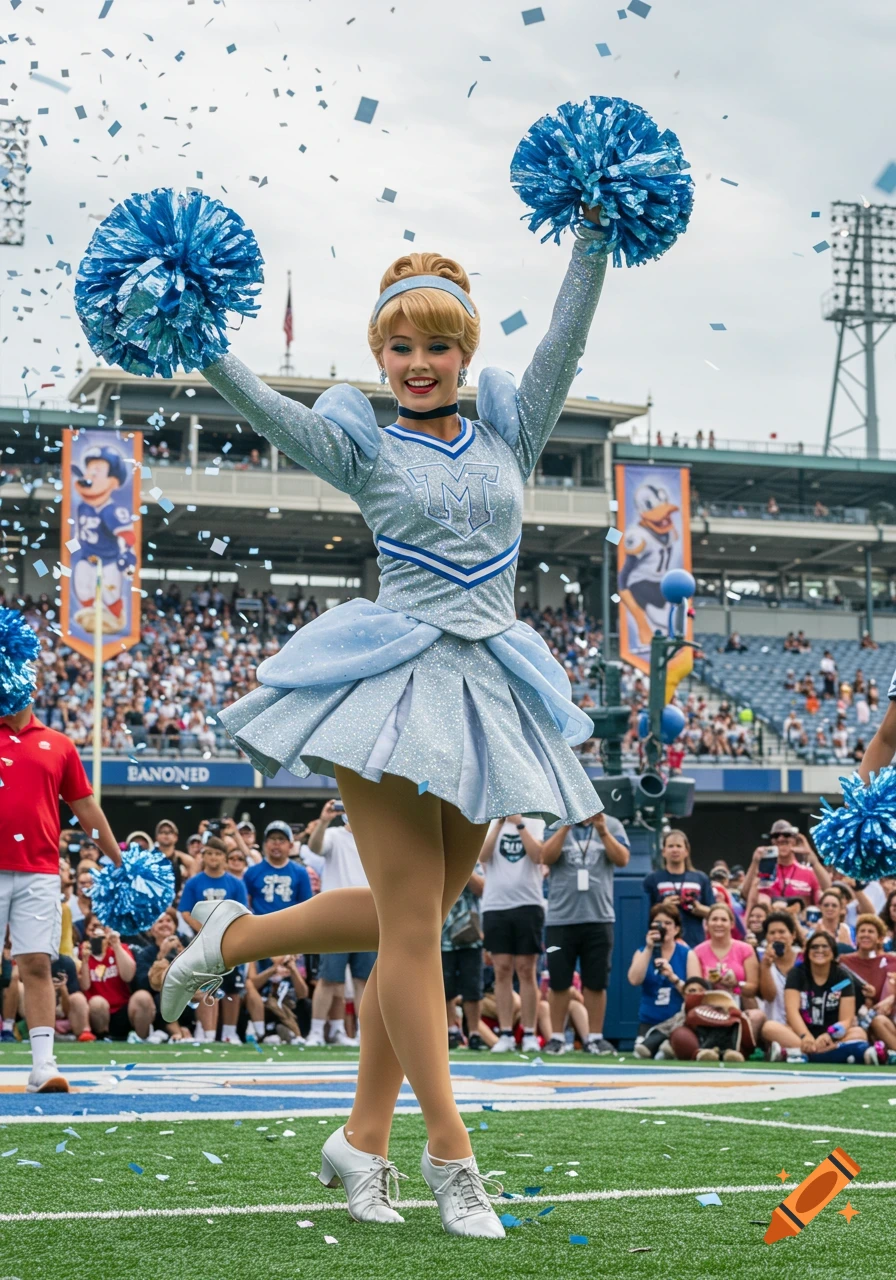 A photorealistic image of Cinderella in a sparkling light blue cheerleader outfit with blue pom-poms at a football stadium with confetti falling.