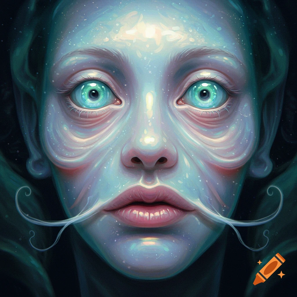 Close-up of a pale, blue-skinned fantastical face with large, glowing green eyes and a delicate white handlebar mustache.