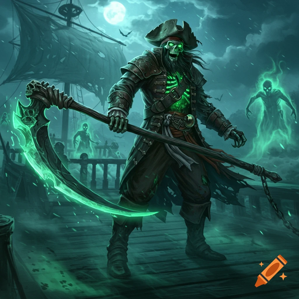 An undead pirate captain with glowing green eyes and ribs, holding a glowing green scythe on a ghostly ship deck under a full moon.