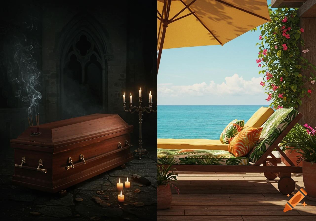 A vertical split image: the left side shows a dark gothic room with a coffin, candles, and smoke; the right side shows a bright beach with a sun lounger and ocean.