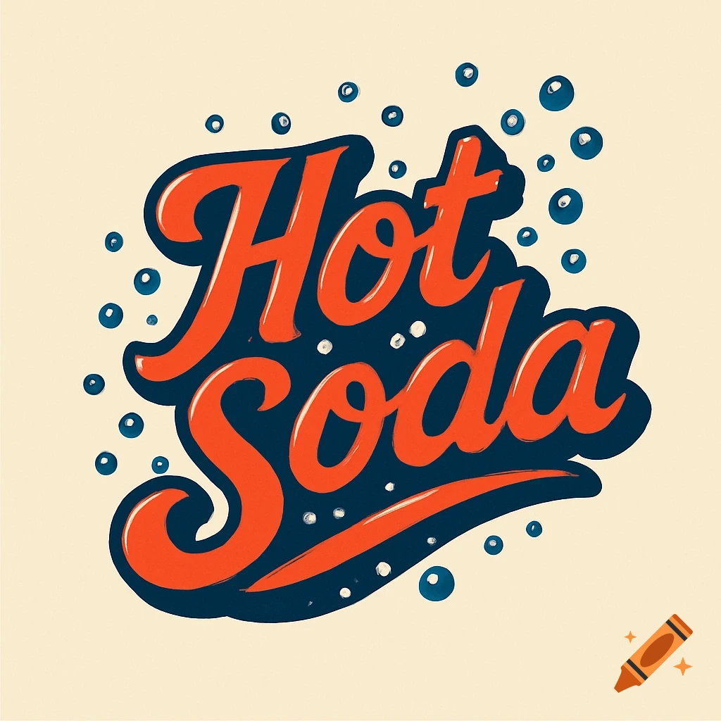 Retro-style logo for 'Hot Soda' in red and blue with bubbles on a cream background.