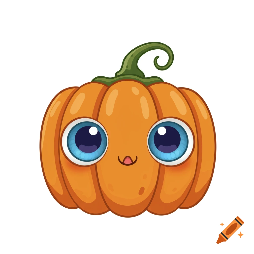 A cute cartoon pumpkin with big blue eyes, a small smile, and a green curly stem.