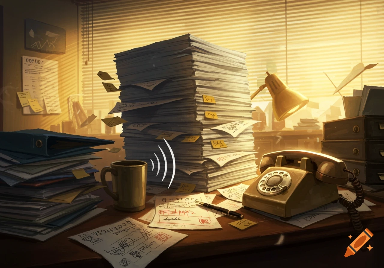A chaotic office desk with a towering pile of papers, scattered notes, a ringing retro phone, and a coffee mug, bathed in golden light from a window.