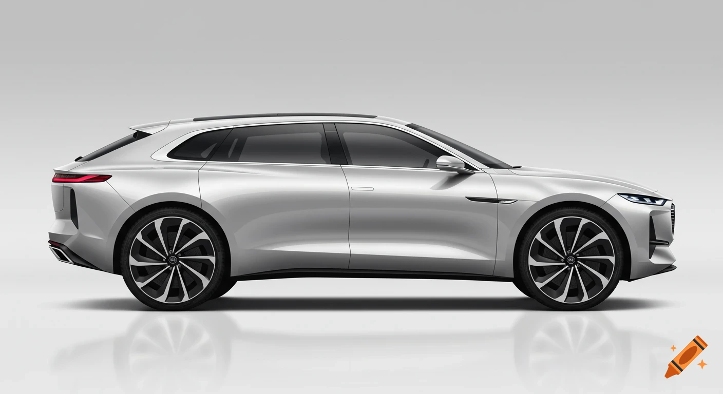 Side profile of a futuristic silver luxury SUV concept car with geometric lines and a sloped roof against a plain white background.