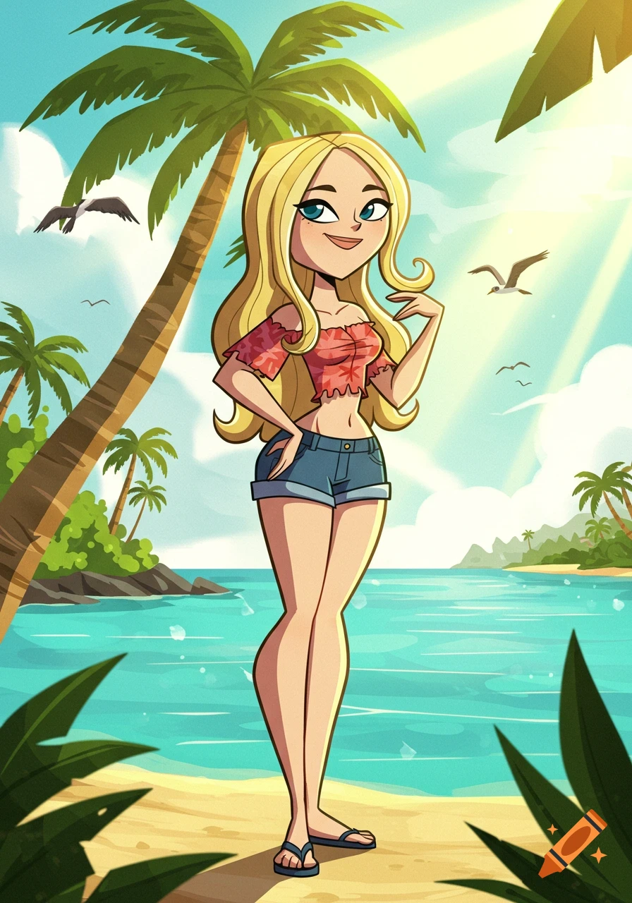 Cartoon drawing of a blonde woman resembling Lindsay from Total Drama Island, standing on a sunny beach with palm trees and ocean.