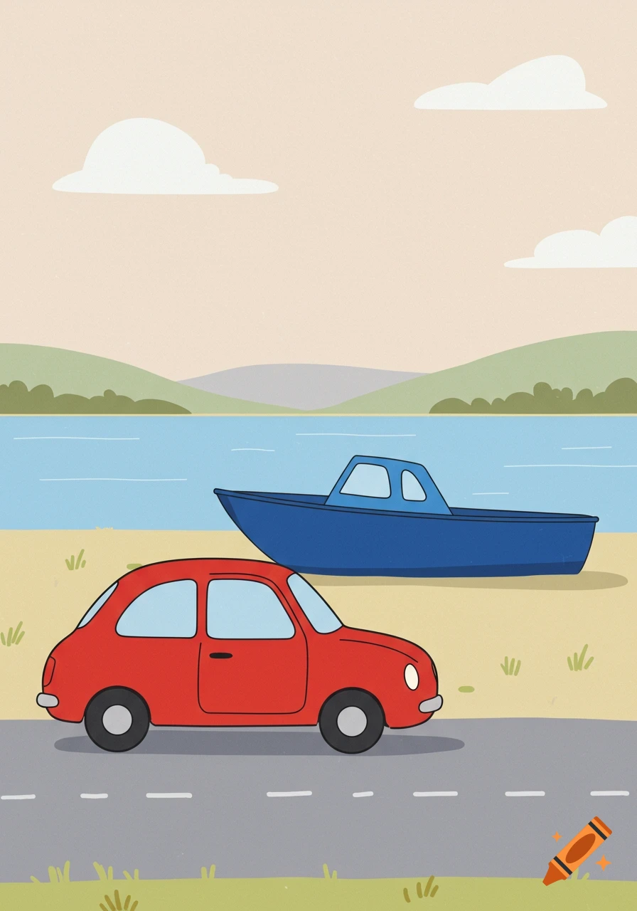 A simple drawing of a red car on a road next to a beach with a blue boat, water, hills, and clouds under a light sky.