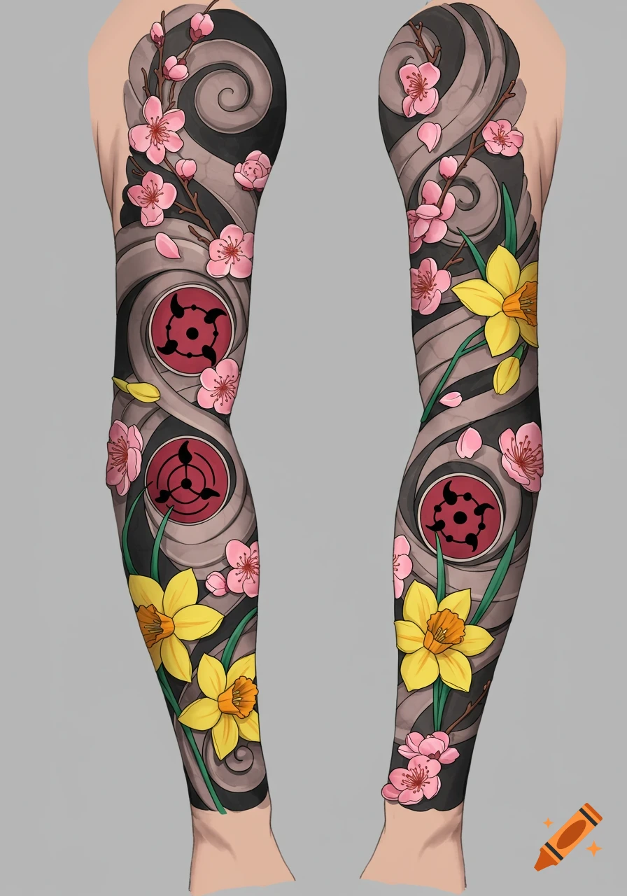 A pair of arms with full sleeve tattoos featuring pink cherry blossoms, yellow daffodils, and red Sharingan symbols with black swirl patterns.