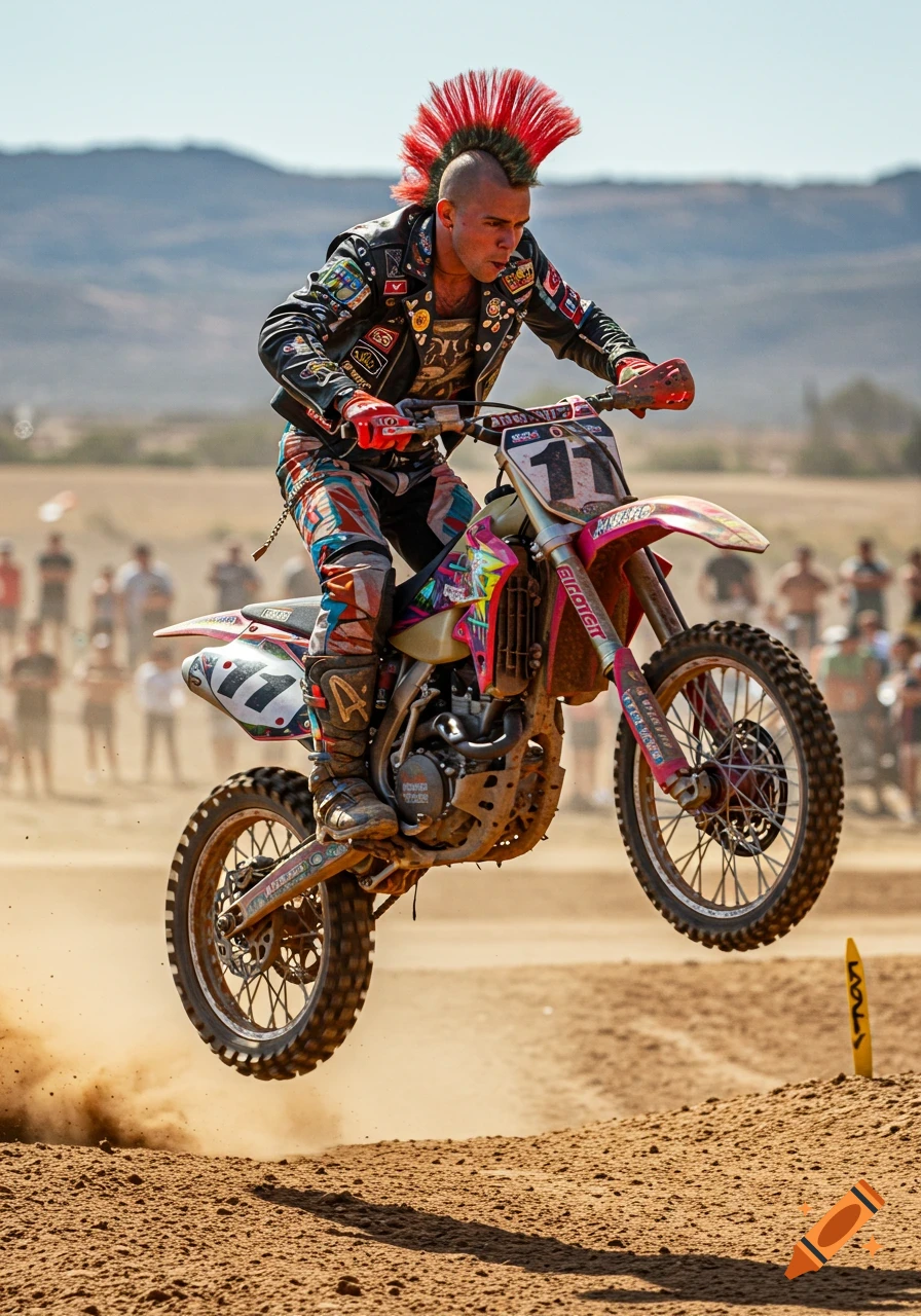 Punk motocross rider with a red and green mohawk jumps a dirt bike on a sunny track with spectators in the background.