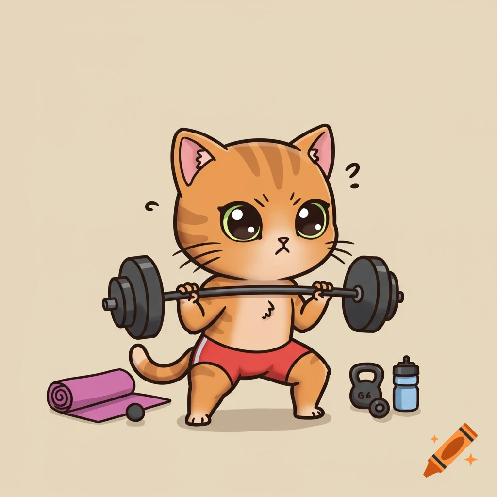 A cute orange chibi cat struggles to lift a heavy barbell during a squat, with gym equipment around it, in a cartoon style.
