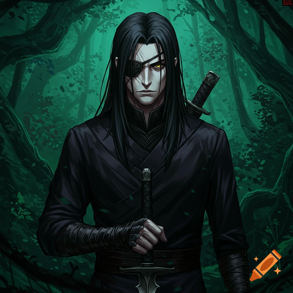 A detailed anime drawing of a male character with long black hair, an eyepatch, pale skin, and dark clothing, holding a sword in a dark forest.