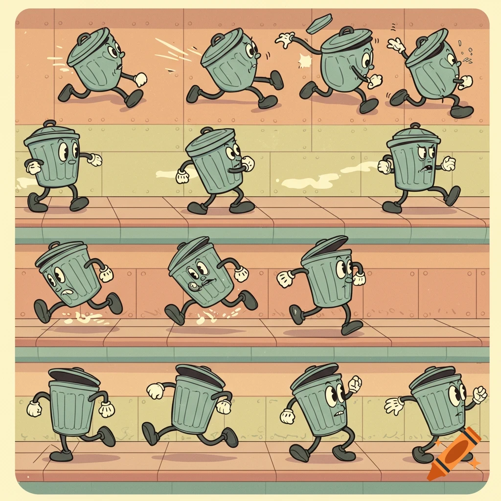 2D spritesheet of a rubberhose cartoon garbage can character with limbs, running in various poses against a light background.