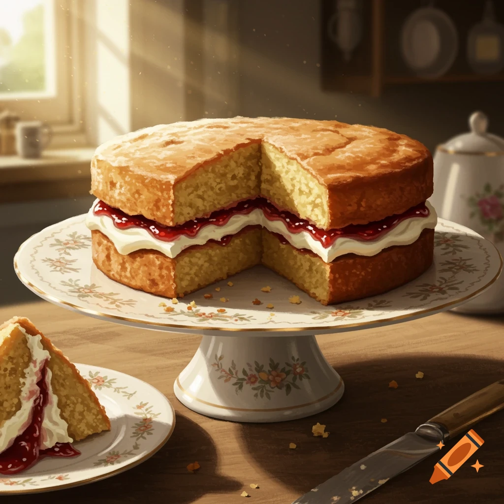 A photorealistic Victoria sponge cake with a missing slice on a patterned cake stand in a sunlit kitchen, with a slice on a plate next to it.