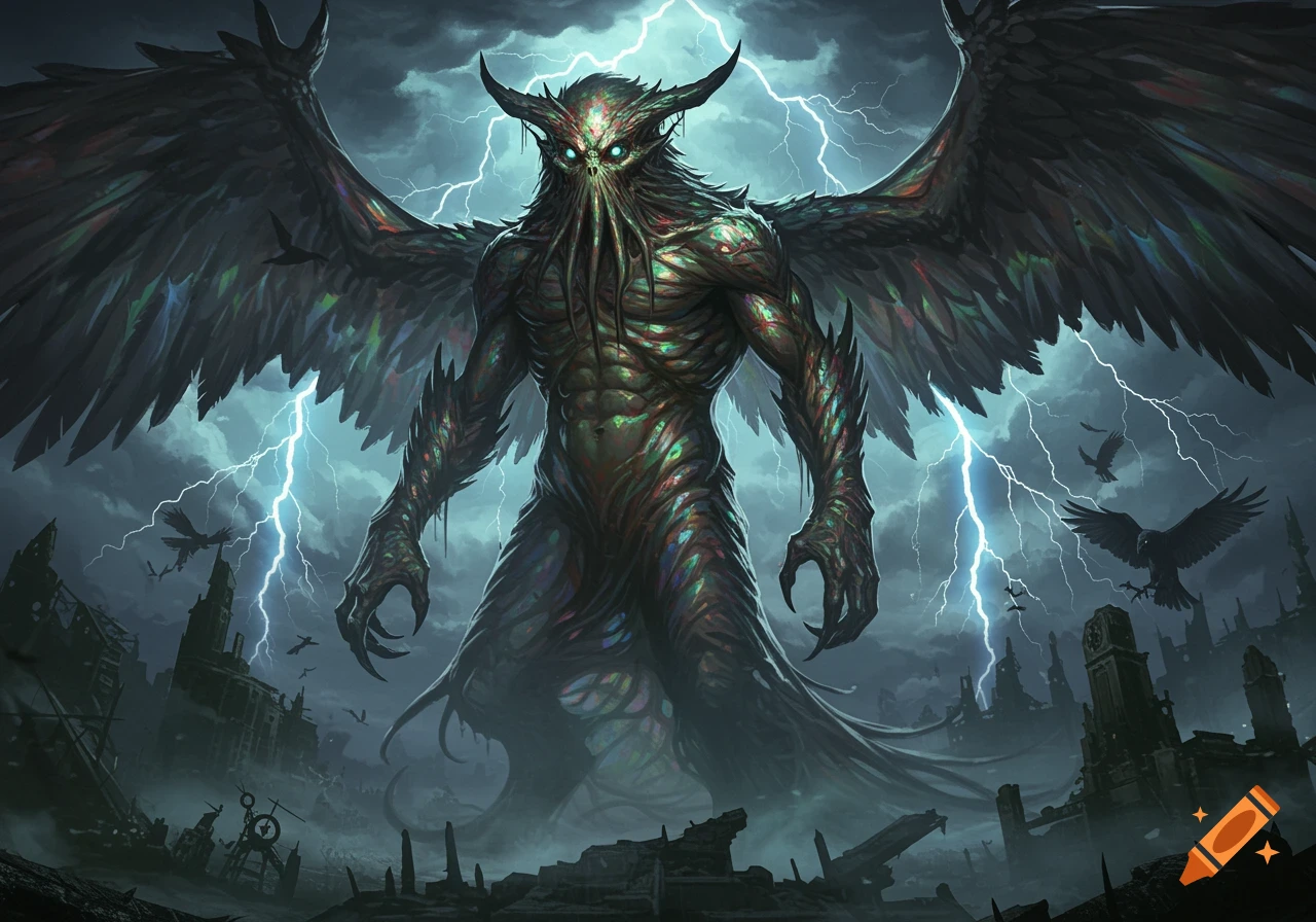A large, green, winged, Cthulhu-like monster with horns and tentacles stands in a ruined city under a lightning storm.