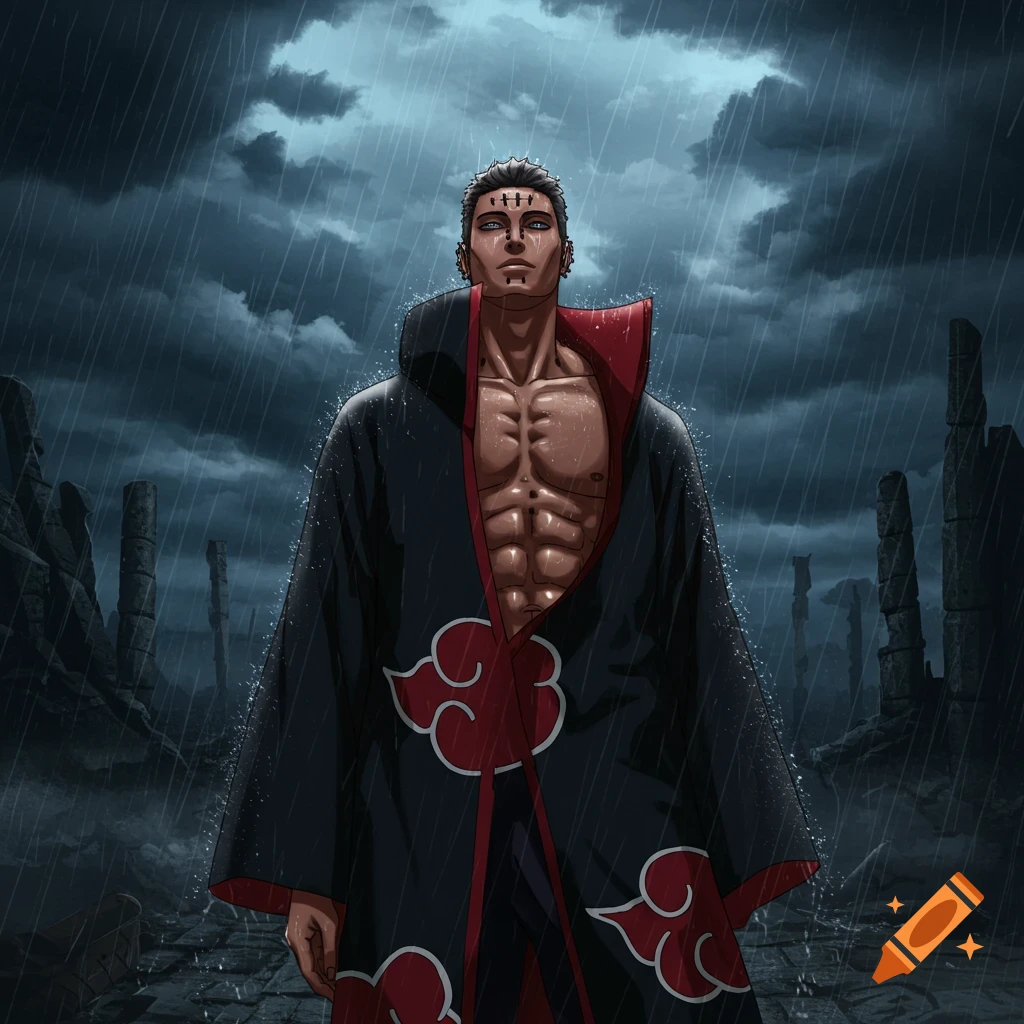 A shirtless man with piercings and red eyes, wearing a black Akatsuki robe, stands in the rain amidst ruins in an anime style.