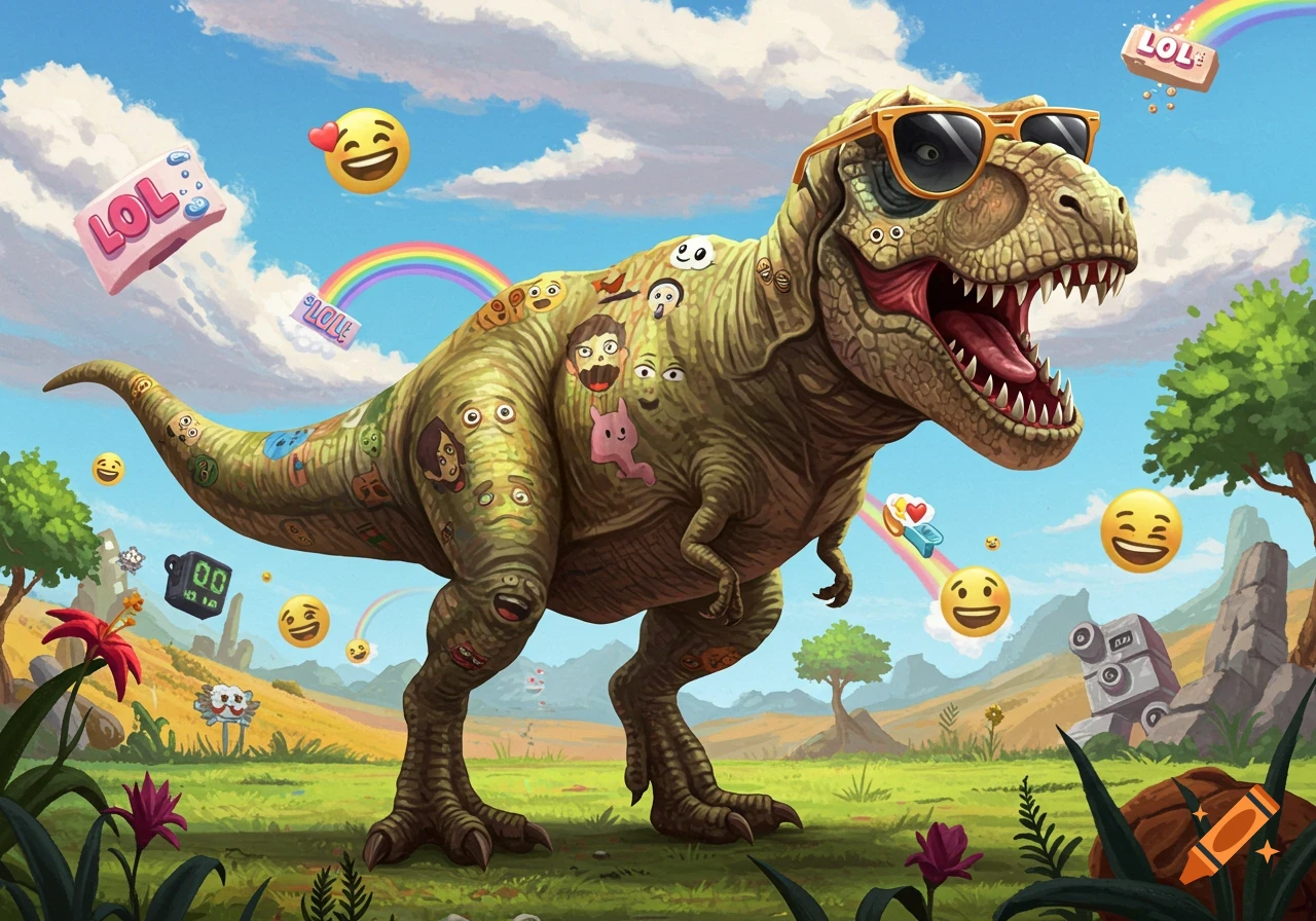 A cartoon T-Rex in sunglasses covered in emojis and floating 'LOL's stands in a vibrant landscape with rainbows.