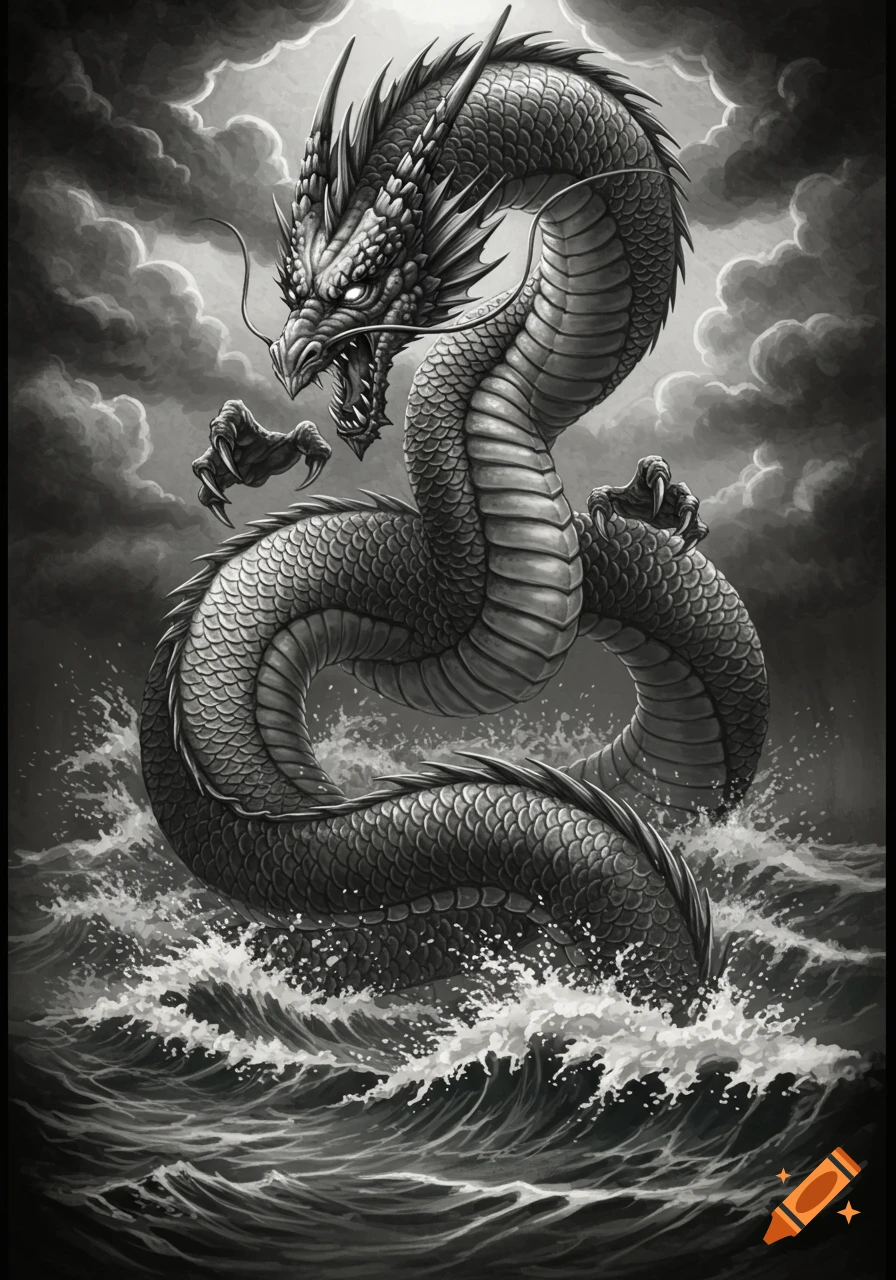 A menacing dragon emerges from stormy waters, rendered in a detailed greywash tattoo style.