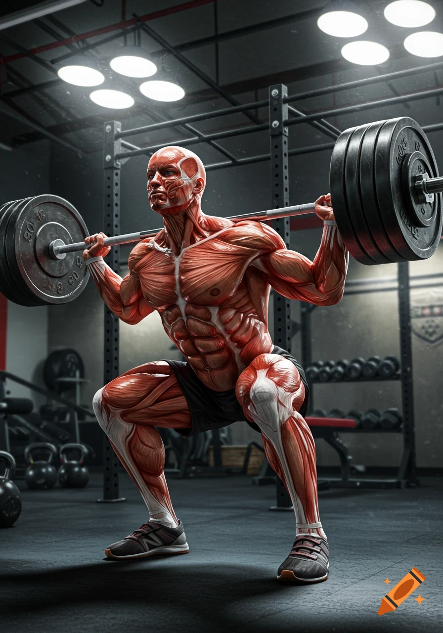 Detailed anatomical muscle figure squatting with a barbell in a gym.