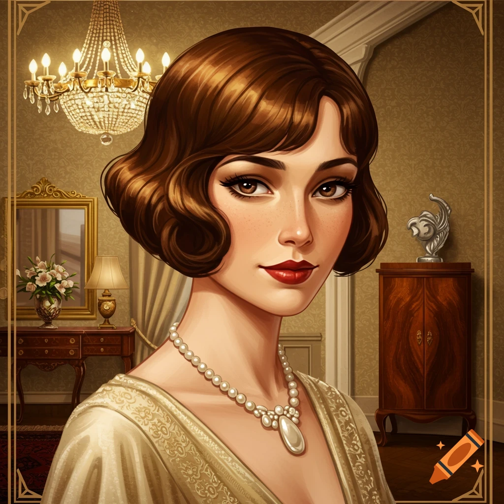 Stylized portrait of a woman with a bob haircut and pearl necklace in an elegant room with a chandelier.