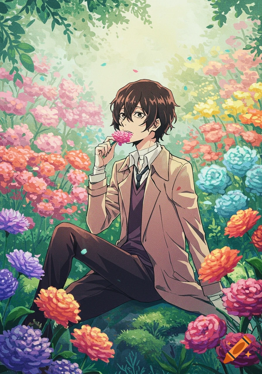 Anime man with brown hair and a tan coat sitting in a vibrant field of colorful flowers, smelling a pink flower.