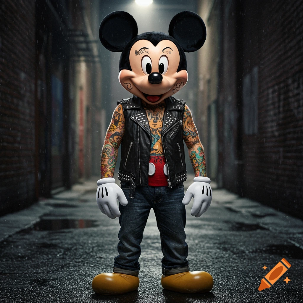Mickey Mouse with full body tattoos, wearing a black leather vest and jeans, standing in a dark, wet alleyway.