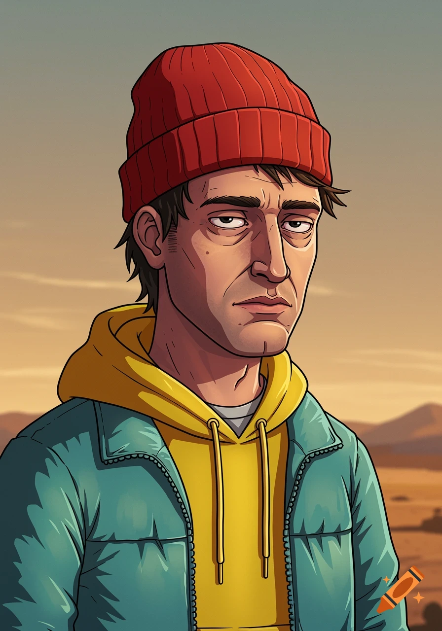 Cartoon illustration of a man with a tired expression, wearing a red beanie, yellow hoodie, and teal jacket against a desert background.