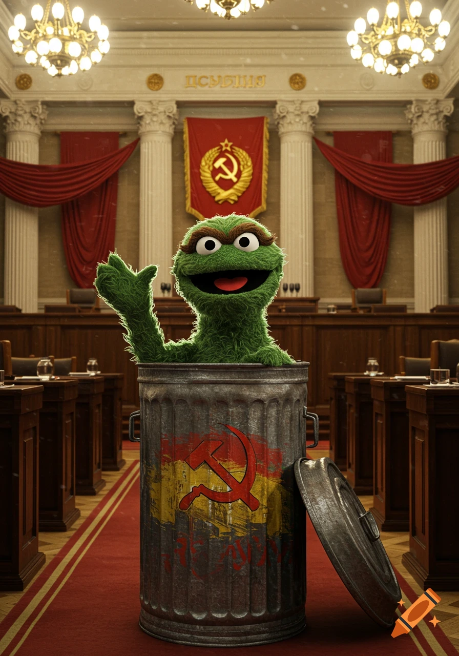 Oscar the Grouch in a trash can with a hammer and sickle, addressing a Soviet-style congress hall.