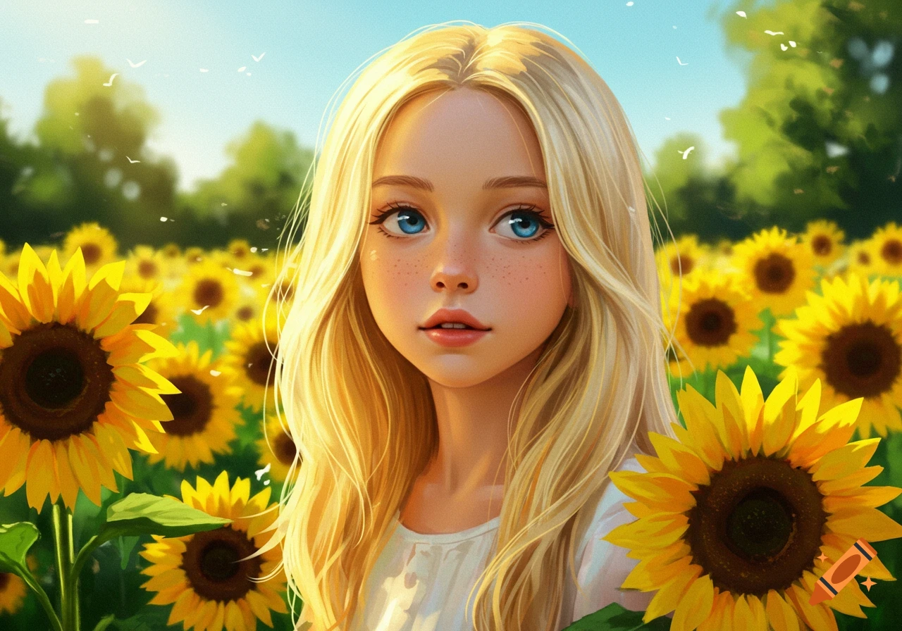 Digital painting of a blond girl with blue eyes and freckles among vibrant sunflowers under a bright sky.