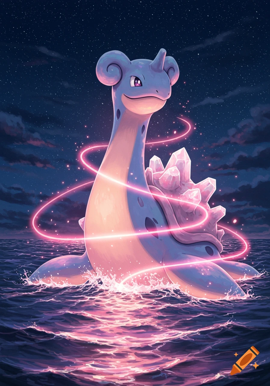 A colossal Lapras in Gigantamax form with pink aura and crystals on its back in a starry night ocean.
