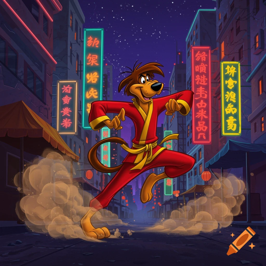 A cartoon dog in a red martial arts gi with a yellow belt jumps forward on a city street at night with neon signs and lanterns.