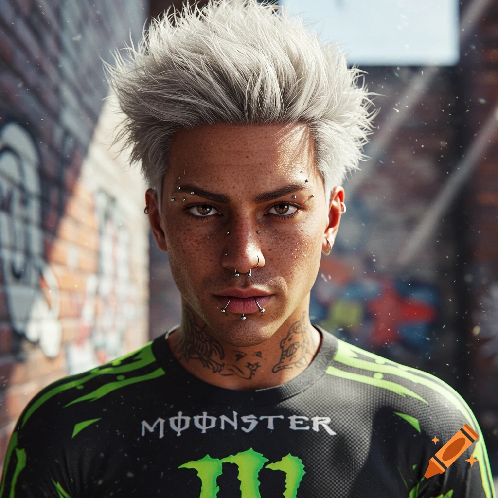 Close-up portrait of a young man with spiky white hair, facial piercings, neck tattoos, and freckles, wearing a Monster energy shirt.