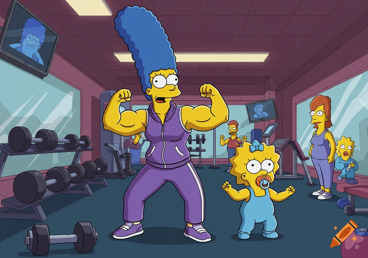 Marge Simpson, with exaggerated muscles, flexing in a gym with Maggie, Homer, and another woman.