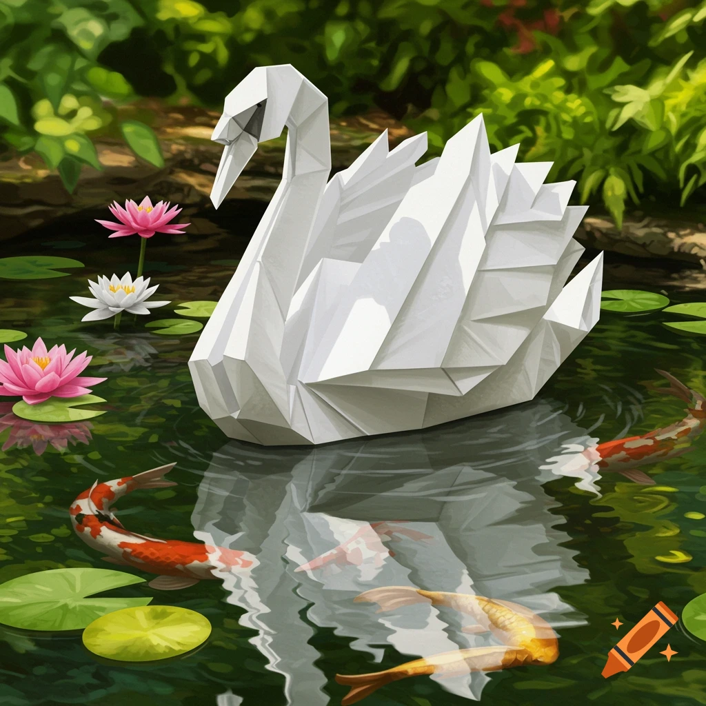 An origami swan floats in a pond surrounded by lotus flowers and koi fish, with lush green foliage in the background.