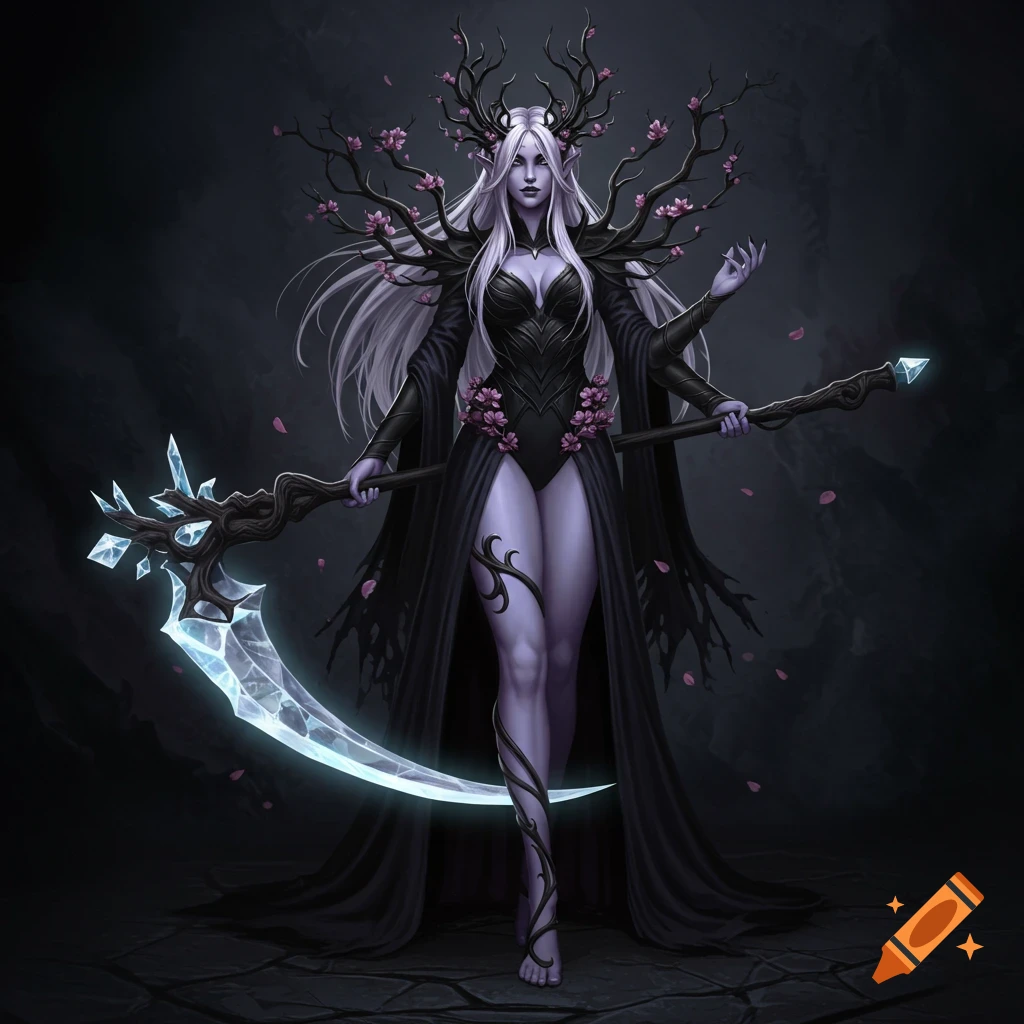 A mystical dark elf woman with white hair and lavender skin, adorned in dark flowing garments with branches and pink flowers, holds a glowing crystalline scythe.