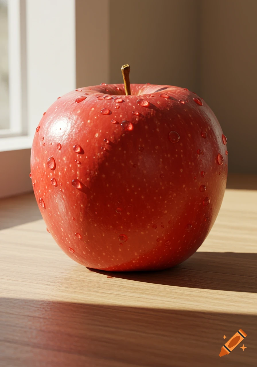 A red apple covered in water droplets on a wooden table near a sunlit window, photorealistic.