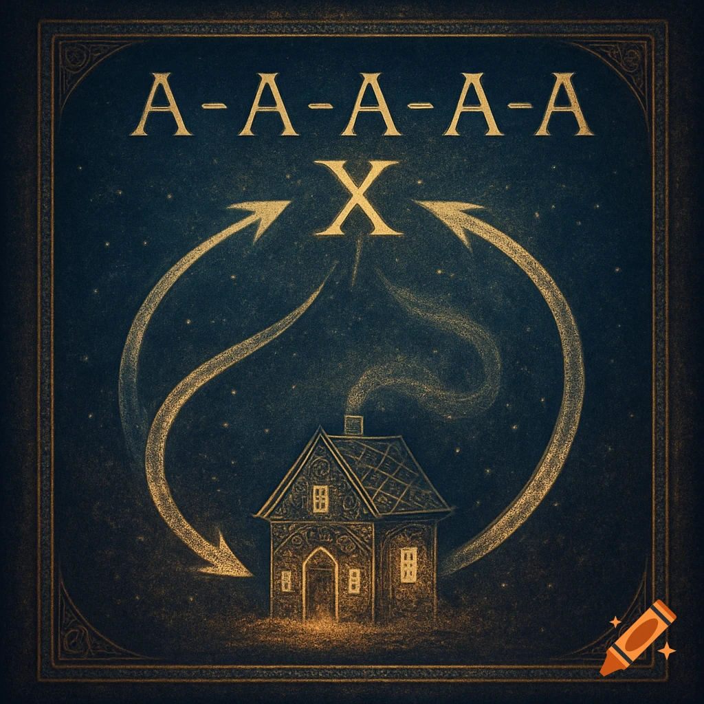 Stylized golden illustration on a dark, starry background with a house, smoke, curved arrows pointing to a central 'X', and 'A-A-A-A' text.