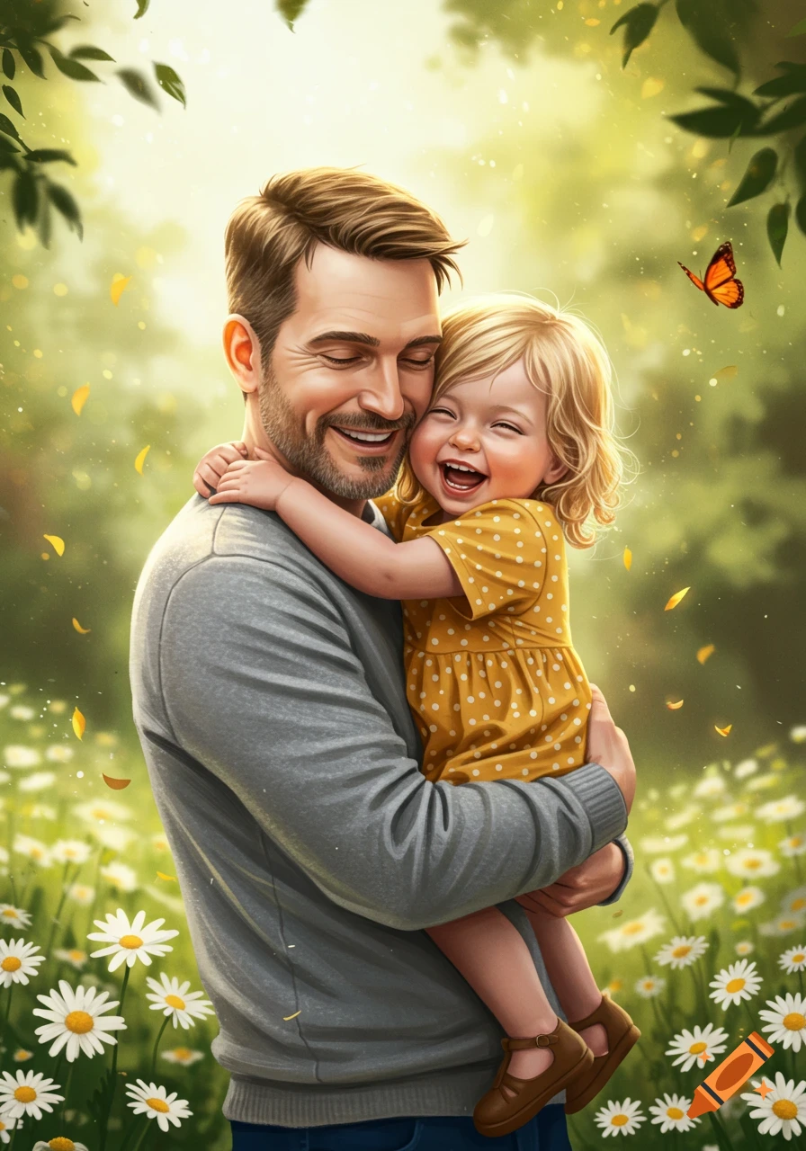 A joyful father embraces his laughing toddler daughter in a sun-dappled field of white daisies with a butterfly nearby.