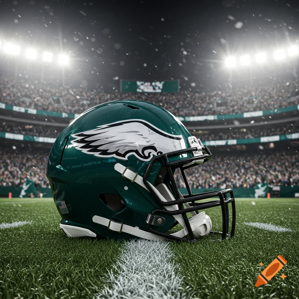 A Philadelphia Eagles football helmet rests on a grassy field in a large, lit stadium at night with spectators in the stands.