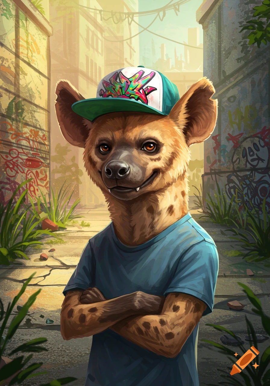 An anthropomorphic hyena wearing a backwards baseball cap and a blue t-shirt stands with crossed arms in a graffiti-filled urban alleyway.