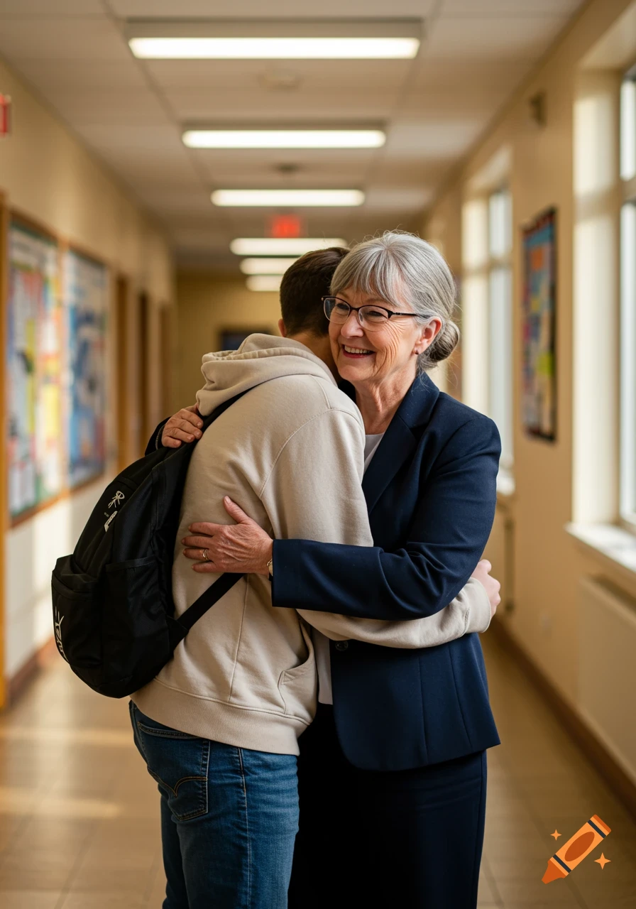 An older woman in a suit hugs a younger person with a backpack in a school hallway.