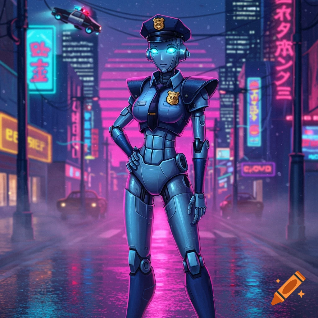 A futuristic robot police officer stands in a neon-lit cyberpunk city at night with a flying police car overhead. Synthwave style.